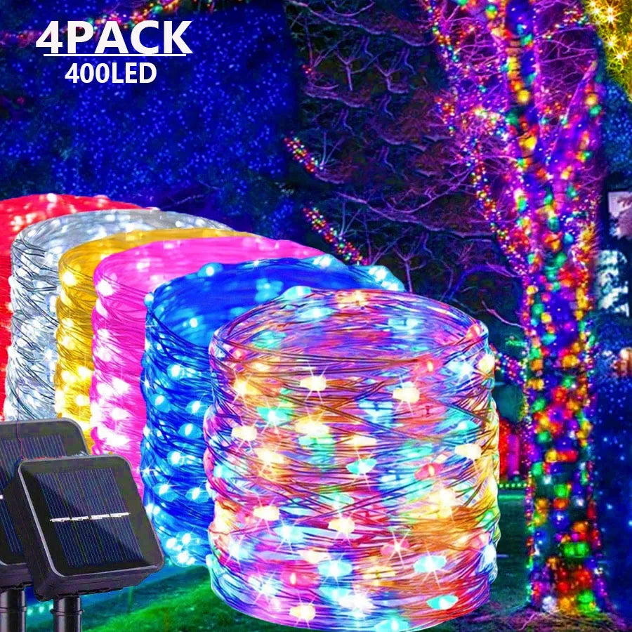 4Pack 400 LED Solar Light Outdoor Lamp String Lights For Holiday Christmas Party Waterproof Fairy Lights Garden Garland Copper.